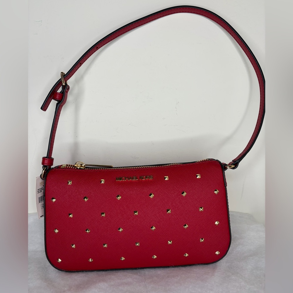 Michael Kors Jet Set Medium Pouchette Leather Crimson NWT $198